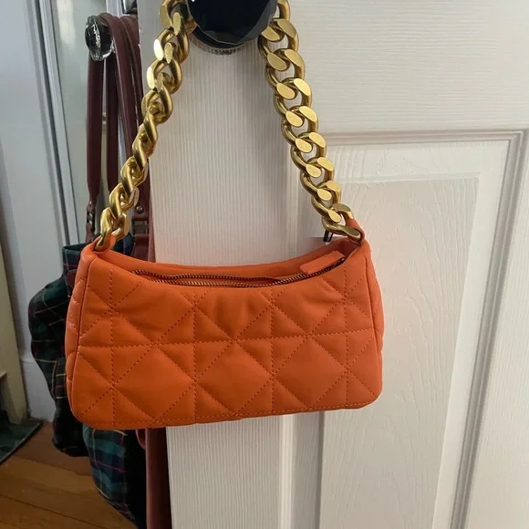 Mango Orange Quilted Baguette Purse with Gold Chain - Picture 13 of 16